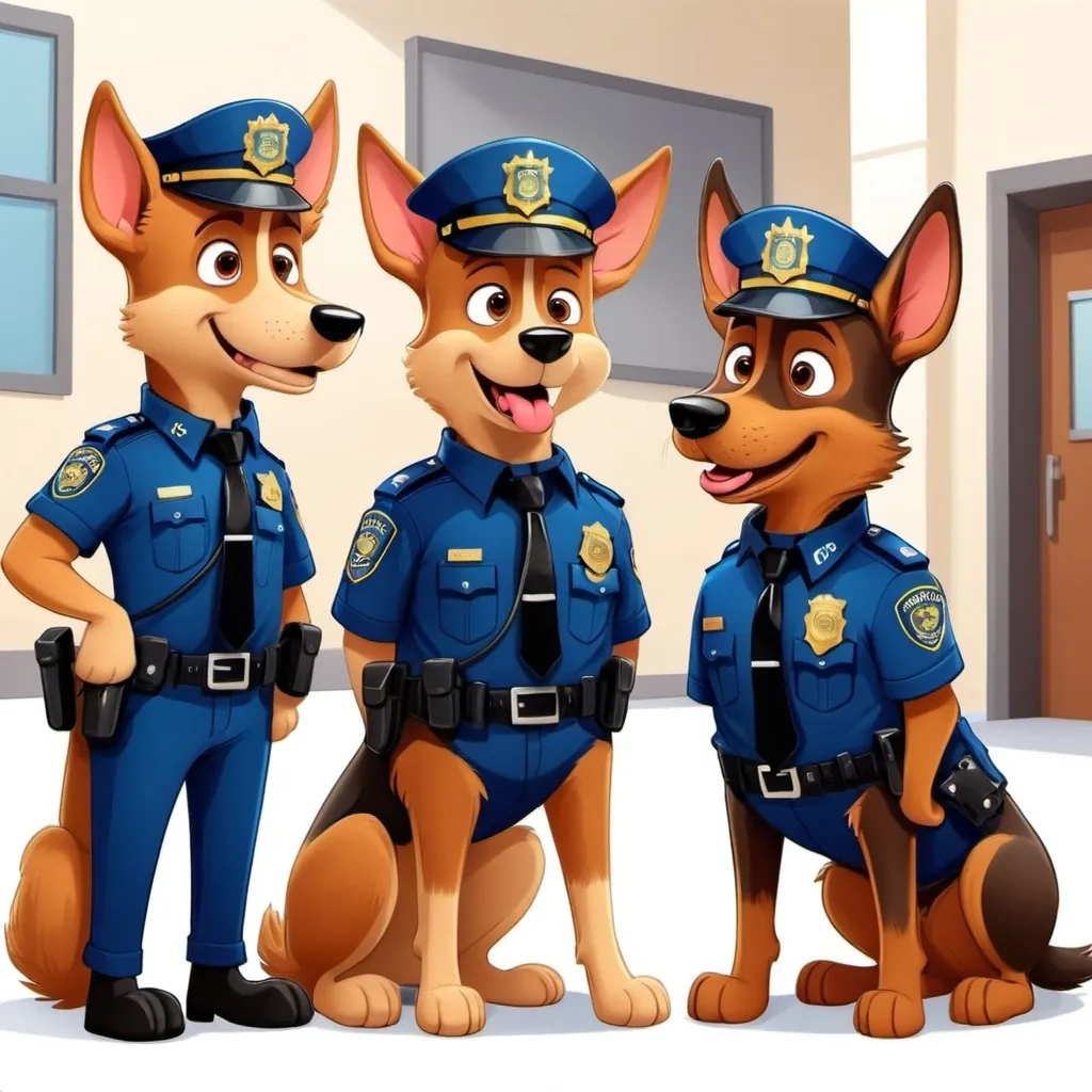 Prompt: Cartoon Police dogs talking at the police station 