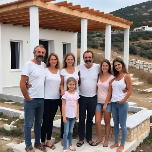 Prompt: We are two families of friends with two lovely daughters each. We just finished building a house on a shared plot of land in Greece near the sea. we are posing for a picture to celebrate the end of construction