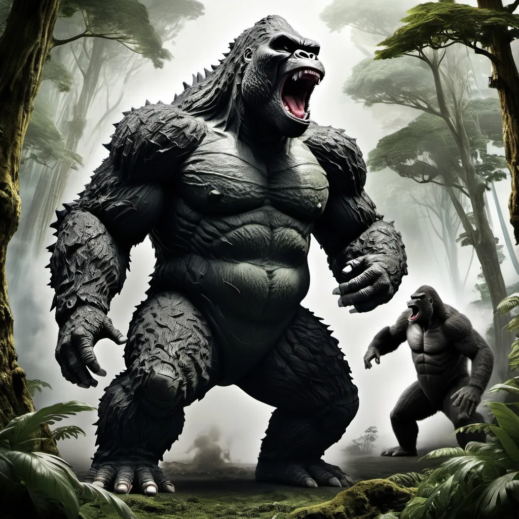 Prompt: King Kong - godzilla hybrid godzilla and king Kong mix mystical forest