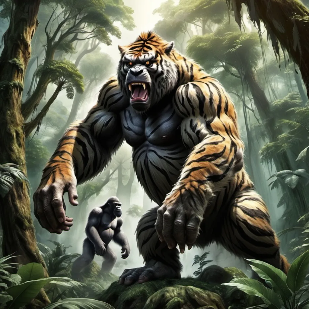 Prompt: King Kong-tiger hybrid tiger and king Kong mix mystical forest