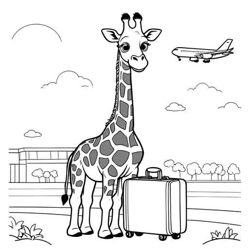 Prompt: Cute children’s coloring page, black outlines, no shading, white background, A4 aspect ratio 1:1.414, empty margins, nothing touching edges — giraffe holding a suitcase at an airport