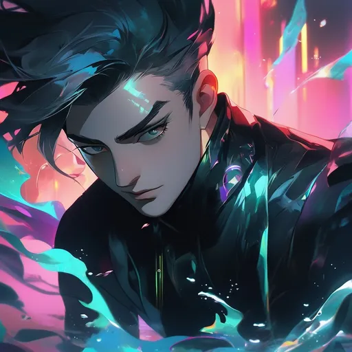 Prompt: Character portrait of a man with dark short hair and wearing masks, dressed in sleek black attire, surrounded by vibrant neon lights in a breathtaking cyberpunk setting. Ethereal moonlight pierces through the water's surface as he practices yoga underwater, capturing the essence of transcendence, with a look of serene determination as he takes his last breath. Artgerm-inspired, creating a stunning blend of fantasy and anime art styles, set against a striking white background.