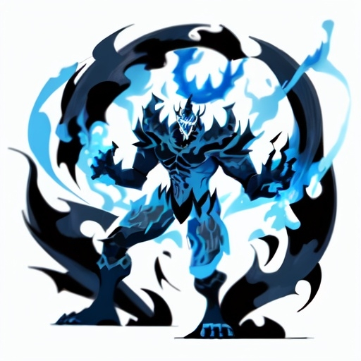 Prompt: white demon with blue eyes evolving into a monster and warriors looking
