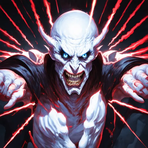 Prompt: white demon with blue eyes throwing red rays