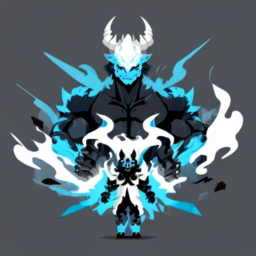 Prompt: white demon with blue eyes evolving into a monster and warriors looking
