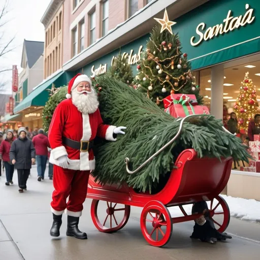 Prompt: Picture Santa Claus, with his rosy cheeks and snowy white beard, standing in front of a bustling department store adorned with festive decorations. Santa looks realistic. His sleigh, filled to the brim with Christmas trees of all shapes and sizes, is parked nearby, with his trusty reindeer resting after their long journey and the reindeer looks realistic. As Santa cheerfully unloads the trees, eager store employees rush out to assist, ready to distribute them to awaiting customers. The scene is illuminated by the soft glow of twinkling holiday lights, creating a warm and inviting atmosphere.