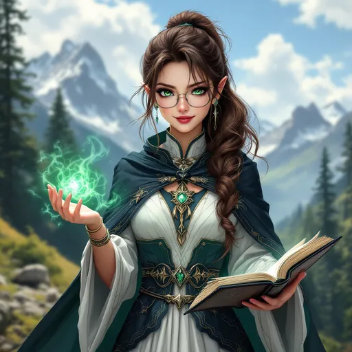 Prompt: Could you create a detailed portrait of an anime-style female elven wizard set against a picturesque summer alpine mountain backdrop? The character should have the following features: brown hair styled in a ponytail, striking emerald eyes, and square glasses. She is dressed in an elegant ensemble that includes flowing robes, a stylish skirt, and a dramatic cloak, all designed in a striking color scheme of emerald, silver, white, and black. In this scene, she is practicing magic with one hand while holding an open book in the other, showcasing her magical prowess. Additionally, she should have a slightly devilish smile that adds a hint of mischief to her expression. The overall art style should reflect the characteristics of adult anime, emphasizing her features and the enchanting atmosphere of the alpine setting.