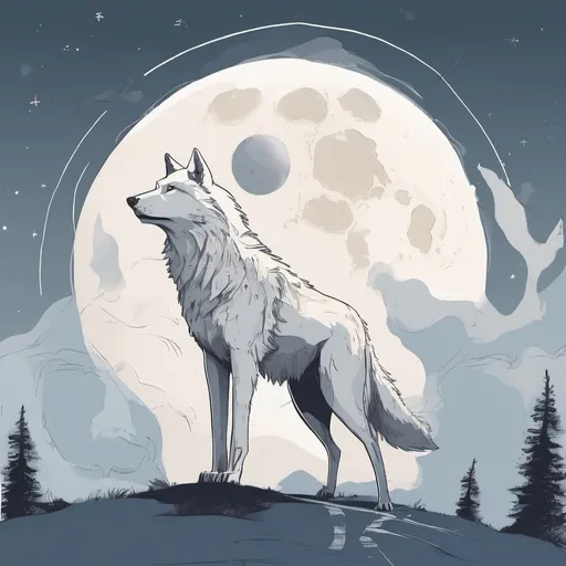 Prompt: A white wolf in a crossroad with the moon on the sky