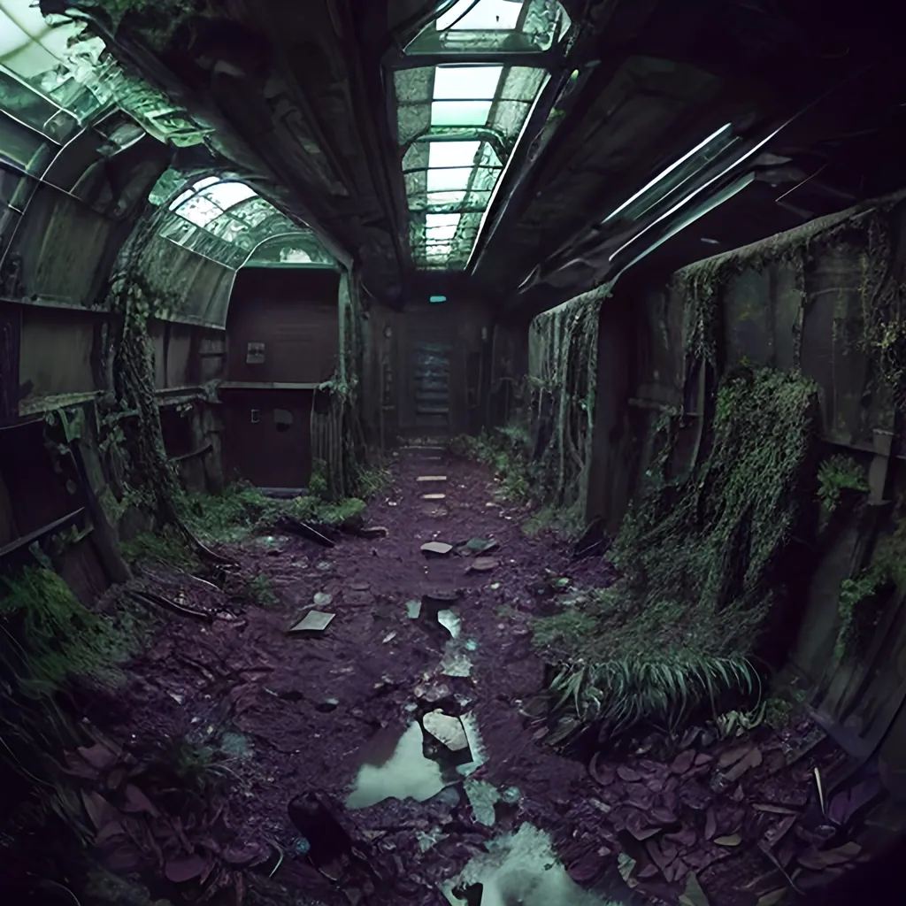 Prompt:  post apocalyptic abandoned shopping mall, no electricity, overgrown with black fungus and mold, a dim purple glow eminates from the spores of the fungae, radioactive glow, very detailed, cinematic, cinematic lighting, ultra detailed, exotic, vivid detail, beautiful soft lighting, life like, photorealism, studio lighting, fantasy, dark, morbide, overgrown, mossy, retro-futuristic, post-apocalyptic, sci-fi,  underground city, industrial design, dirt, jungle, dirty, view from side, photorealistic, high density of details, object rendering, retro-futuristic, post-apocalyptic, industrial design, dirt, dirty, view from side, photorealistic, high density of details, object rendering, realistic, award wining photogrpahy, wide angle, sewers, night time, claire obscure, low light, 