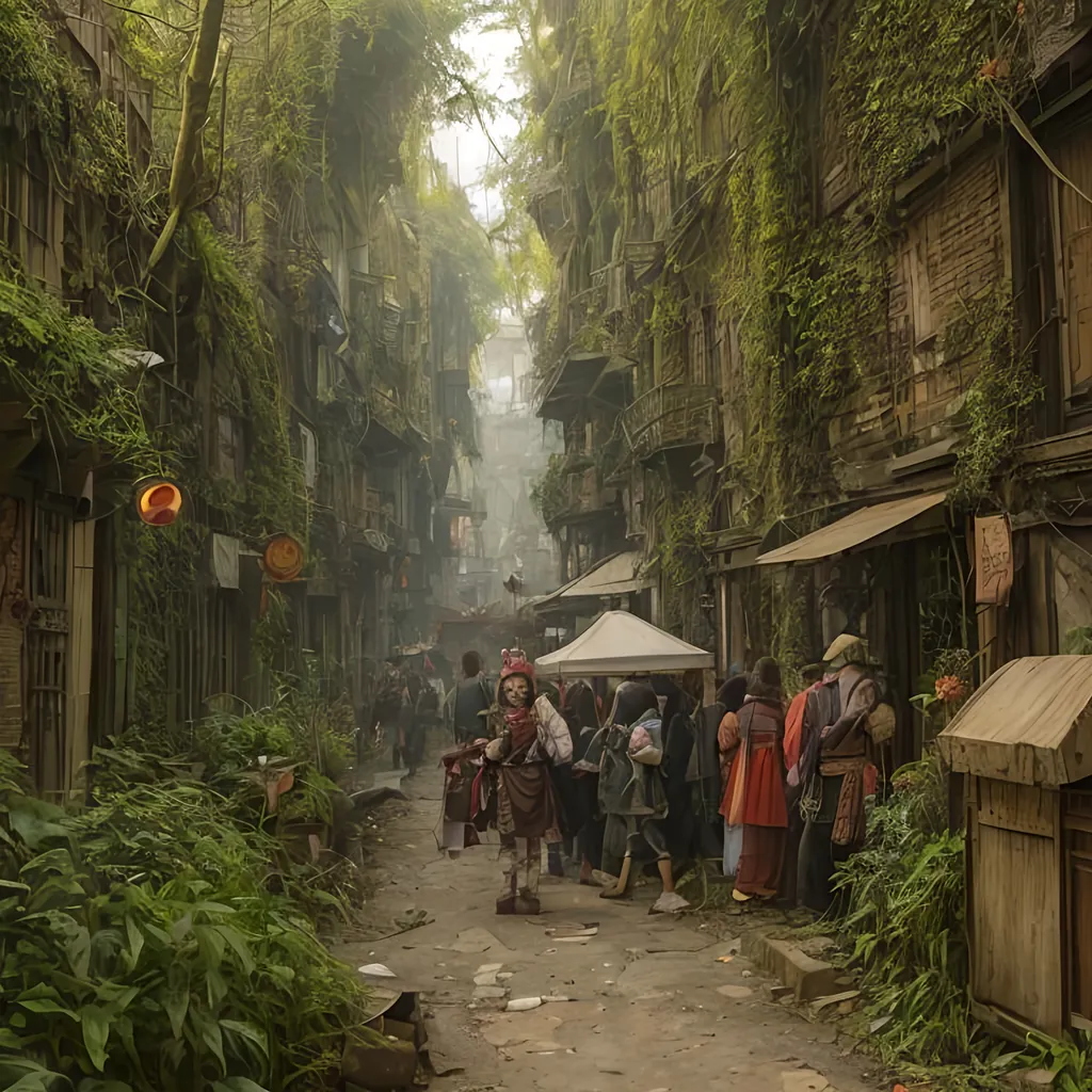 Prompt: travelling circus, carnival, market place in dead end alleyway in a sci-fi town along a small trade route in overgrown urban wasteland, mossy, decaying, rusty and worn,  intricate detail,  ,  old apocalyptic city wasteland overgrown by oppressive huge forest, vines, plants and roots growing, cracking through walls,  high detail,  crowd, guards, trade, alleyway, star wars artstyle,  retro science-fiction, enki bilal, remove text, remove watermark
