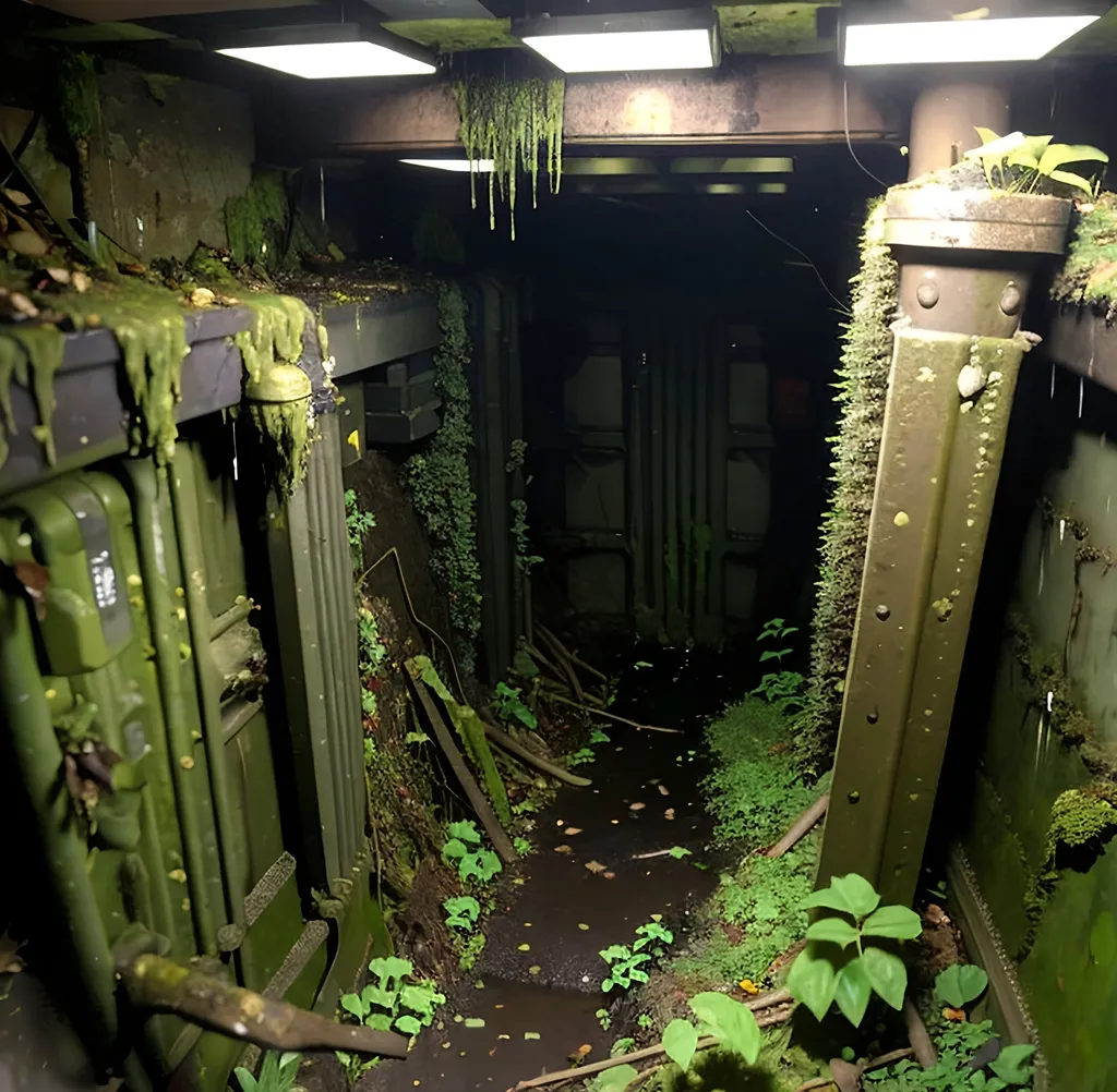 Prompt: dark sewers, dank, underground area, dark, mossy, wet, dripping, moldy, fungus, debris, trash, technical shaft, asymmetric composition, post apocalyptic, overgrown, claustrophobic, narrow spaces, haunted, dim ambient light, low light,diffuse lighting, photo realistic, 