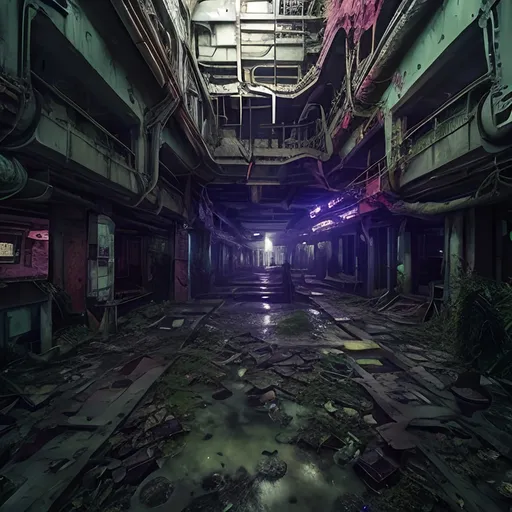 Prompt:  post apocalyptic abandoned large shopping mall, overgrown with black fungus and mold, a dim purple glow  from the spores of the fungus, radioactive glow, very detailed, cinematic, cinematic lighting, ultra detailed, exotic, vivid detail, beautiful soft lighting, life like,  studio lighting, fantasy, dark, morbide, overgrown, mossy, retro-futuristic, sci-fi,  underground city, industrial design, dirt, jungle, dirty, view from side,  density of details,  wide angle, sewers, night time, claire obscure, low light, shopping mall full black mold
