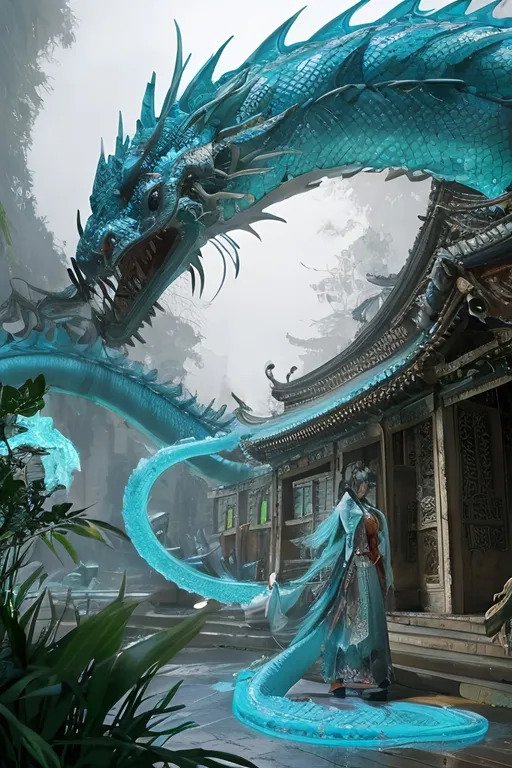 Prompt: cyan chinese dragon - snake fantasy, intricate, elegant, highly detailed, digital painting,  concept art, matte, sharp focus, overgrown apocalyptic city, temple, shrine priestess