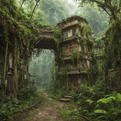 Prompt: jungle hiking trail, through bustling town along a small trade routel in overgrown urban wasteland, mossy, decaying, rusty and worn,  intricate detail,  show antennas and wires and circuits, old apocalyptic city wasteland overgrown by oppressive huge forest, vines, plants and roots growing, cracking through walls, 3d render,  high detail, marketplace, brewery, crowd, guards, tower