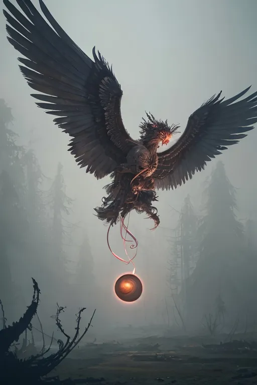 Prompt: floating eyeball with with multiple pairs of giant wings, mythical, beholder, intricate detail multilayered, swirling ribbons,    artstation, matte, sharp focus, illustration,  post apocalyptic forest wasteland, fog, dynamic posture,