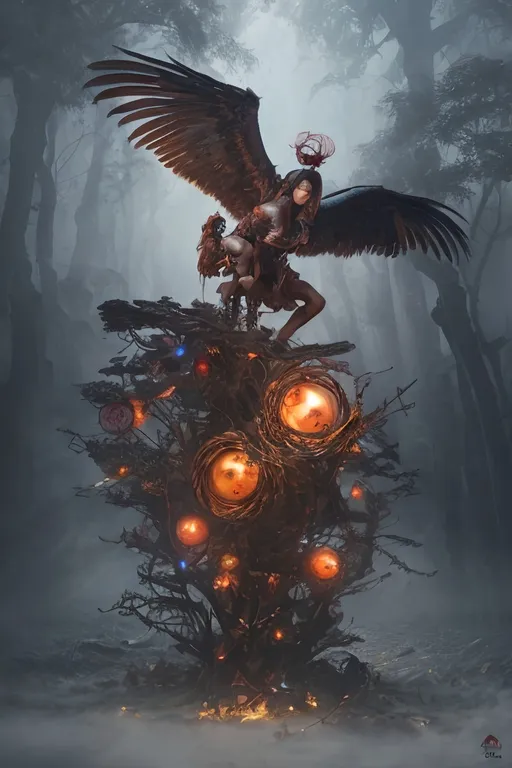 Prompt: floating eyeball with with multiple pairs of giant wings, mythical, beholder, intricate detail multilayered, swirling ribbons,    artstation, matte, sharp focus, illustration,  post apocalyptic forest wasteland, fog, dynamic posture,