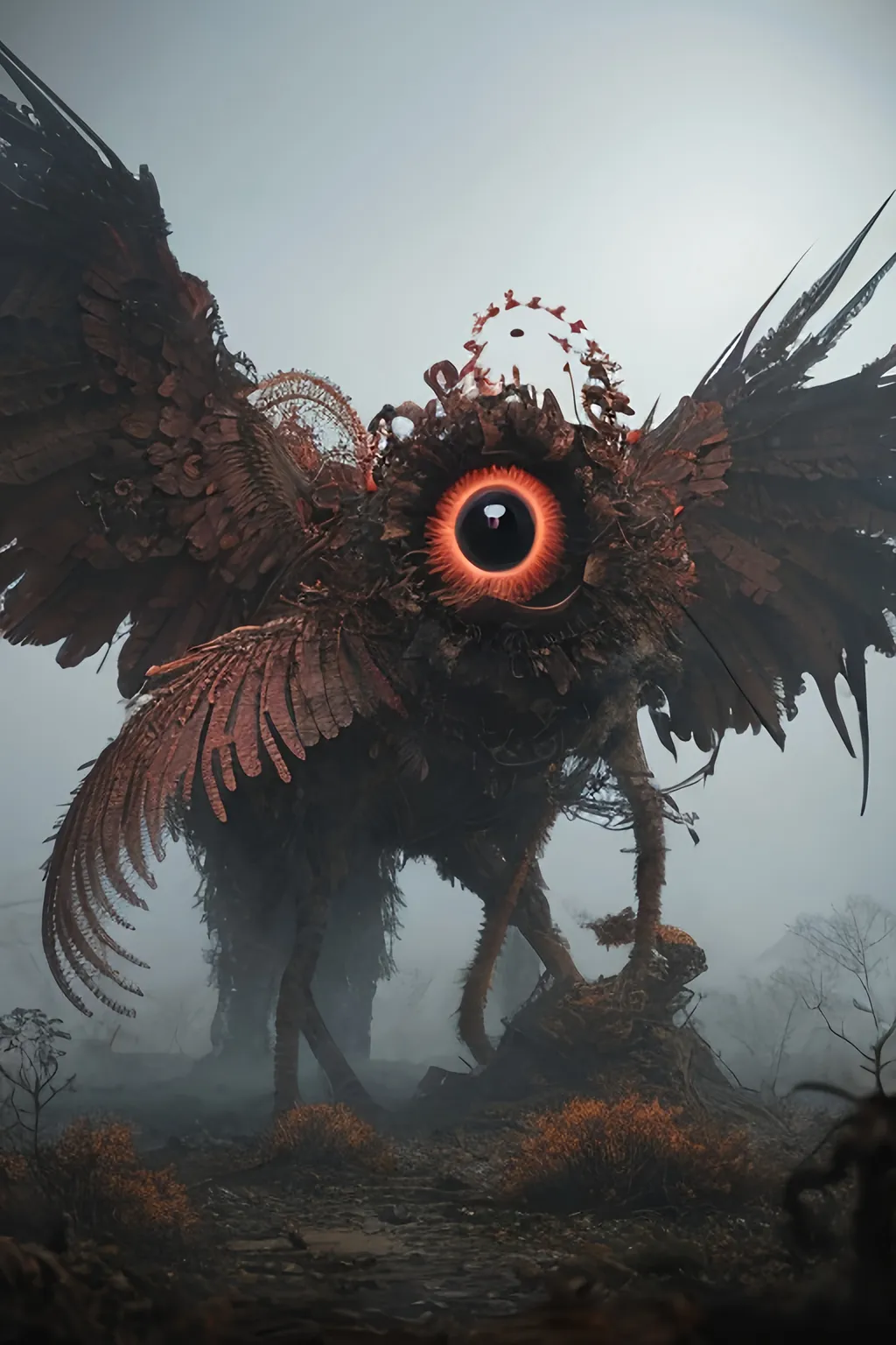 Prompt: floating eyeball with with multiple pairs of giant wings, mythical, beholder, intricate detail multilayered, swirling ribbons,    artstation, matte, sharp focus, illustration,  post apocalyptic forest wasteland, fog, dynamic posture,