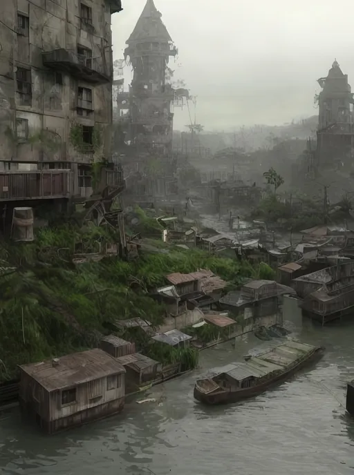 Prompt: harbour shanty town in a flooded district of an old apocalyptic low tech steampunk sci fi fantasy city wasteland overgrown by oppressive huge forest, moss, leaves, vines, plants and roots growing, cracking through walls, harbour view, overgrown marketplace, , urban, 3d render,  high detail, wasteland, medival apocalypse, fantasy ships, medival boats, docks, rainy, cloudy, dark, noir,