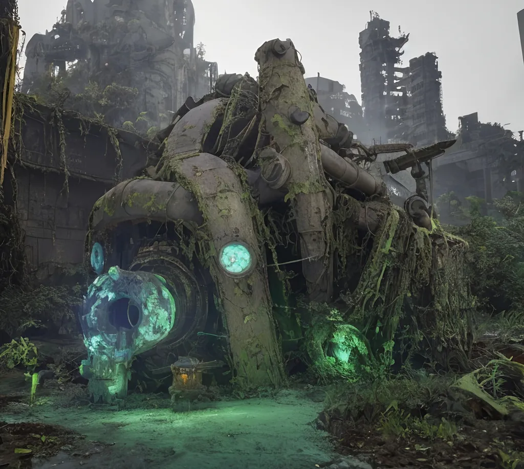 Prompt:  radioactive glow, very detailed, cinematic, cinematic lighting, ultra detailed, exotic, vivid detail, beautiful soft lighting, life like, photorealism, studio lighting, fantasy, dark, morbide, overgrown, mossy, retro-futuristic, post-apocalyptic, sci-fi, industrial design, show a pagan shrine made at old construction machine, dirt, jungle, dirty, view from side, photorealistic, high density of details, object rendering, retro-futuristic, post-apocalyptic, industrial design, dirt, dirty, view from side, photorealistic, high density of details, object rendering, realistic, award wining photogrpahy, wide angle, sewers,