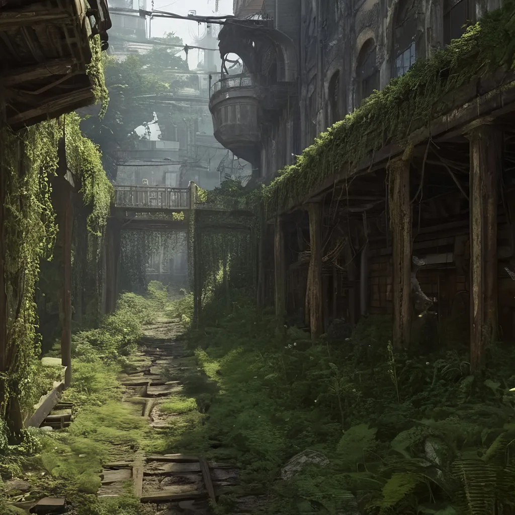 Prompt: overview on old rail yard, railway depot, place in dead end alleyway in a sci-fi town along a small trade route in overgrown urban wasteland, mossy, decaying, rusty and worn,  intricate detail,  ,  old apocalyptic city wasteland overgrown by oppressive huge forest, vines, plants and roots growing, cracking through walls,  high detail,  crowd, guards, trade, alleyway, star wars artstyle,  retro science-fiction, 