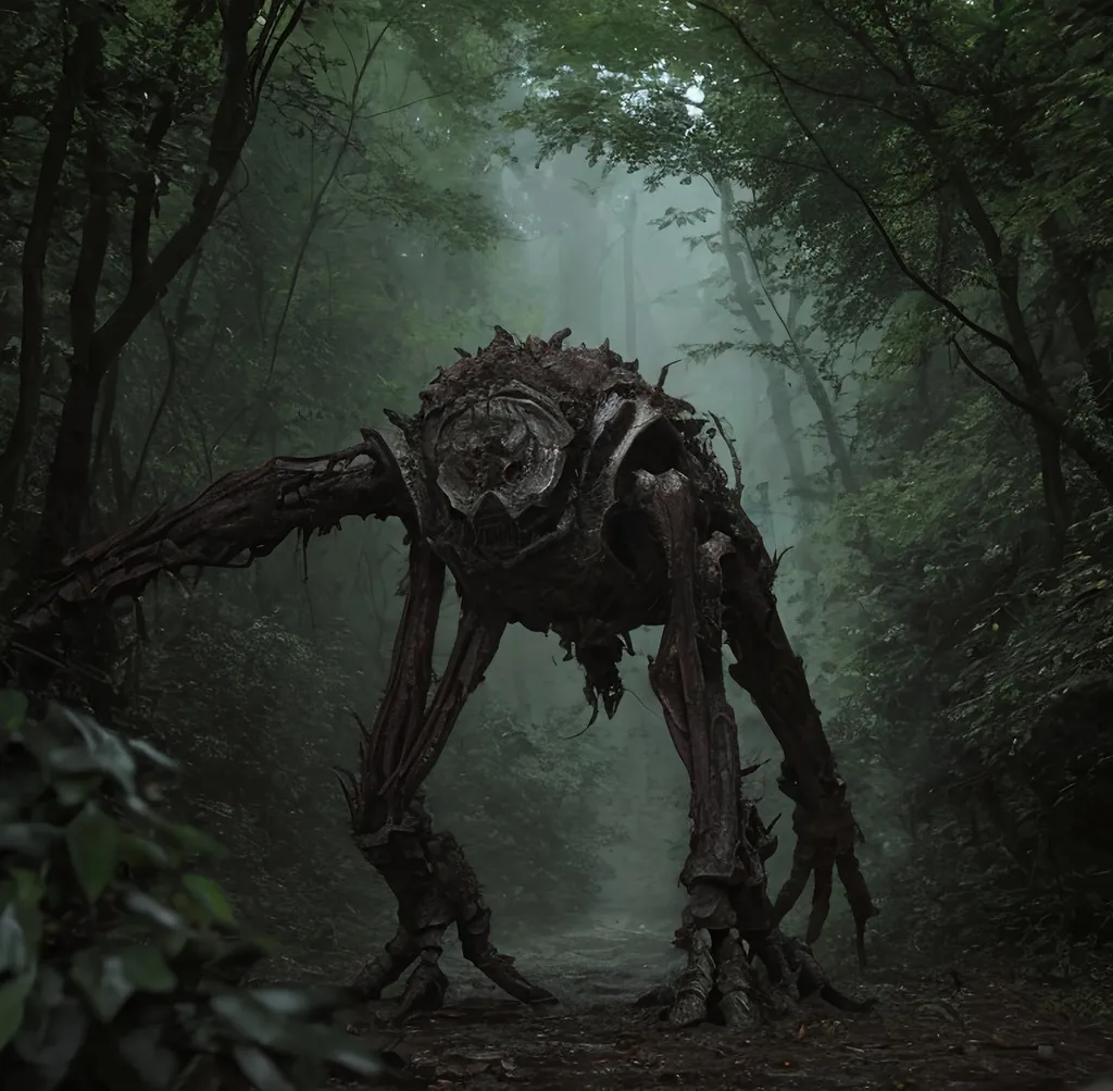 Prompt: dark fantasy, lovecraft horror, cernunos,  alien sewer robot, polymorph, glowing eyes, HD 4k, sharp focus, studio photography, intricate, highly detailed, overgrown post apocalyptic city, world of sewers, forest city, deformed, ugly, mutilated, disfigured, extra limbs, mutatation, verjigorm,
