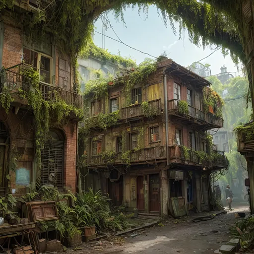 Prompt: carnival wagon, market place  , in dead end alleyway in a sci-fi town along a small trade route in overgrown urban wasteland, mossy, decaying, rusty and worn,  intricate detail,  ,  old apocalyptic city wasteland overgrown by oppressive huge forest, vines, plants and roots growing, cracking through walls,  high detail,  crowd, guards, trade, alleyway, star wars artstyle,  retro science fiction, enki bilal