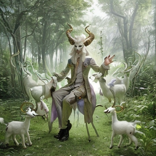 Prompt: magical fey creature, Male fairy forest God with white porcelain venetian looking goat  mask.  Dressed in expensive and fancy, quirky victorian outift with big collar in bright colors. In a post apocalyptic overgrown ruined cit highly detailed , high quality, ... fantasy art,  D&D