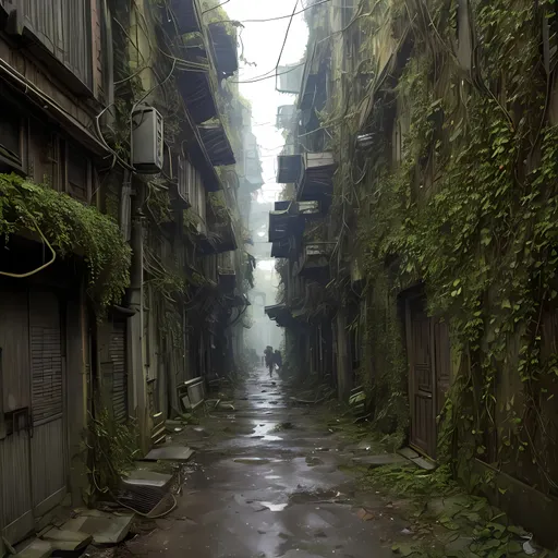 Prompt: dark market alleyways in a sci-fi town along a small trade route in overgrown urban wasteland, mossy, decaying, rusty and worn,  intricate detail,  ,  old apocalyptic city wasteland overgrown by oppressive huge forest, vines, plants and roots growing, cracking through walls,  high detail,  crowd, guards, trade, alleyway, star wars artstyle, 