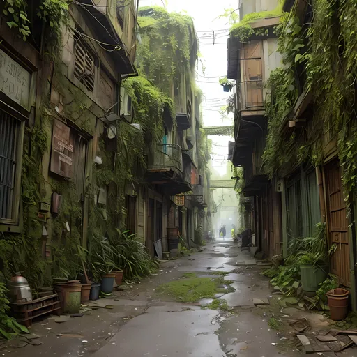 Prompt:  market square , in dead end alleyway in a sci-fi town along a small trade route in overgrown urban wasteland, mossy, decaying, rusty and worn,  intricate detail,  ,  old apocalyptic city wasteland overgrown by oppressive huge forest, vines, plants and roots growing, cracking through walls,  high detail,  crowd, guards, trade, alleyway, star wars artstyle,  retro science fiction, enki bilal
