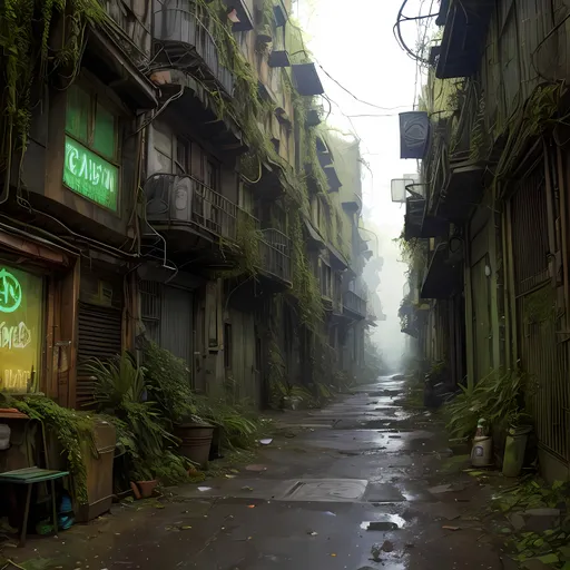 Prompt: dark market alleyways in a sci-fi town along a small trade route in overgrown urban wasteland, mossy, decaying, rusty and worn,  intricate detail,  ,  old apocalyptic city wasteland overgrown by oppressive huge forest, vines, plants and roots growing, cracking through walls,  high detail,  crowd, guards, trade, alleyway, star wars artstyle, 