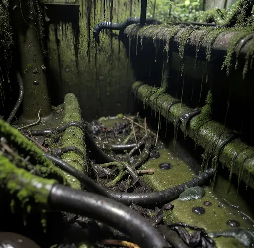 Prompt: dark sewers, dank, underground area, dark, mossy, wet, dripping, moldy, fungus, debris, trash, technical shaft, asymmetric composition, post apocalyptic, overgrown, claustrophobic, narrow spaces, haunted, dim ambient light, low light,diffuse lighting, photo realistic, sharpness, in focus