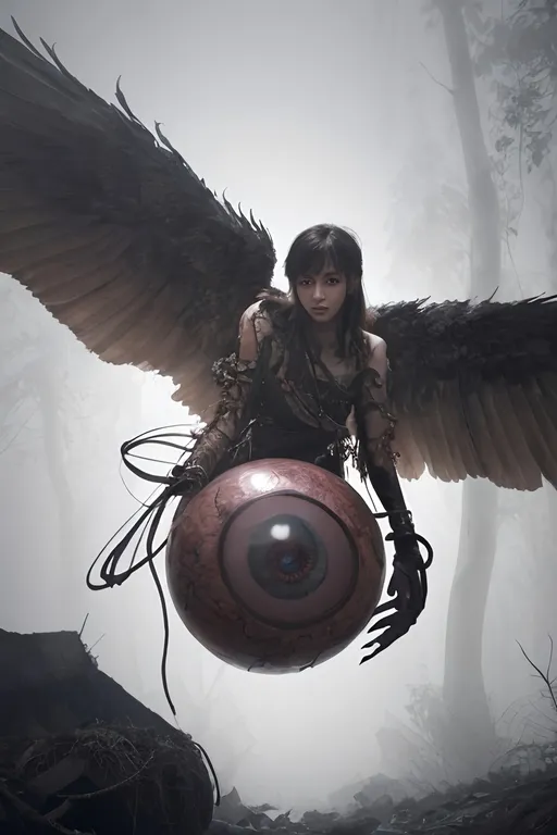 Prompt: floating eyeball with with multiple pairs of giant wings, mythical, beholder, intricate detail multilayered, swirling ribbons,    artstation, matte, sharp focus, illustration,  post apocalyptic forest wasteland, fog, dynamic posture,