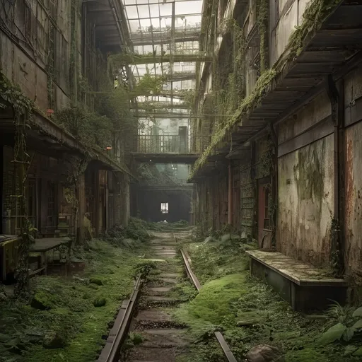 Prompt: overview on old rail yard, railway depot, place in dead end alleyway in a sci-fi town along a small trade route in overgrown urban wasteland, mossy, decaying, rusty and worn,  intricate detail,  ,  old apocalyptic city wasteland overgrown by oppressive huge forest, vines, plants and roots growing, cracking through walls,  high detail,  crowd, guards, trade, alleyway, star wars artstyle,  retro science-fiction, 
