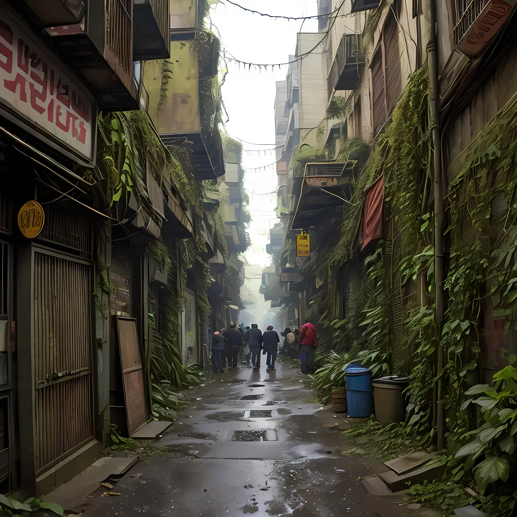 Prompt:  view on a crowded  street market  , in dead end alleyway in a sci-fi town along a small trade route in overgrown urban wasteland, mossy, decaying, rusty and worn,  intricate detail,  ,  old apocalyptic city wasteland overgrown by oppressive huge forest, vines, plants and roots growing, cracking through walls,  high detail,  crowd, guards, trade, alleyway, star wars artstyle,  retro science fiction, enki bilal