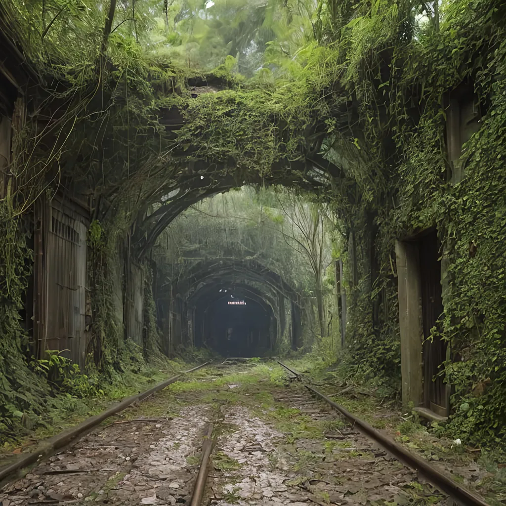 Prompt: dark tunnel entrance, old rail yard, railway depot, place in dead end alleyway in a sci-fi town along a small trade route in overgrown urban wasteland, mossy, decaying, rusty and worn,  intricate detail,  ,  old apocalyptic city wasteland overgrown by oppressive huge forest, vines, plants and roots growing, cracking through walls,  high detail,  crowd, guards, trade, alleyway, sci fantasyartstyle,  retro science-fiction, 