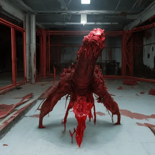 Prompt: ((masterpiece, best quality)),A detailed 8k photograph of a  DEAD CITY OF blood VEINS,ultra realistic, concept art,((highly detailed)),8k,bloody,disgusting,creepy,fleshy texture, gory, disgusting,dripping, has a face hidden in it, blood dripping, alien indoor empty dirty vomit dilapidated night dim lighting red dirty dry dark meat flesh nightmare empty blood blob overgrown post apocalyptic