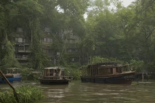 Prompt: harbour shanty town in a flooded district of an old  low tech steampunk sci-fi fantasy city wasteland overgrown by oppressive huge forest, moss, leaves, vines, plants and roots growing, cracking through walls, harbour view, overgrown marketplace, , urban, 3d render,  high detail, wasteland, medival apocalypse, fantasy ships, medival boats, docks, rainy, cloudy, dark, noir,