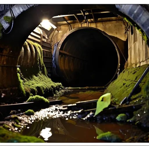 Prompt: dark sewers, dank, underground area, dark, mossy, wet, dripping, moldy, fungus, debris, trash, technical shaft, asymmetric composition, post apocalyptic, overgrown, claustrophobic, narrow spaces, haunted, dim ambient light, low light,diffuse lighting, photo realistic, sharpness, in focus