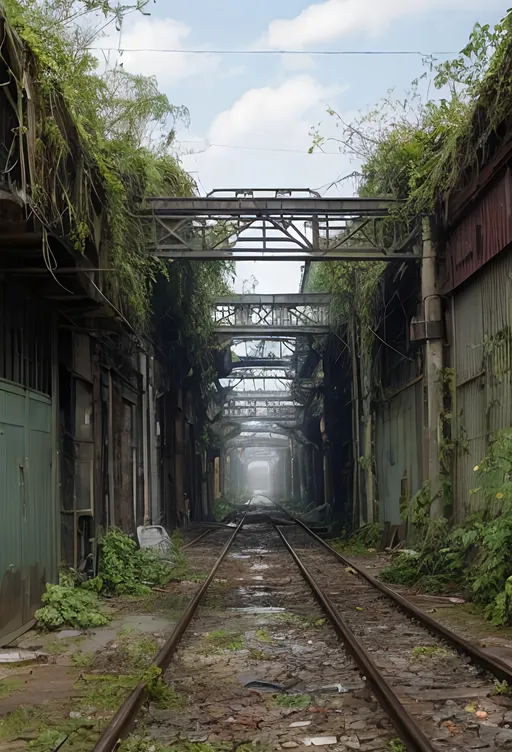 Prompt: empty rail yard, railway depot, place in dead end alleyway in a sci-fi town along a small trade route in overgrown urban wasteland, mossy, decaying, rusty and worn,  intricate detail,  ,  old apocalyptic city wasteland overgrown by oppressive huge forest, vines, plants and roots growing, cracking through walls,  high detail,  crowd, guards, trade, alleyway, star wars artstyle,  retro science-fiction, 