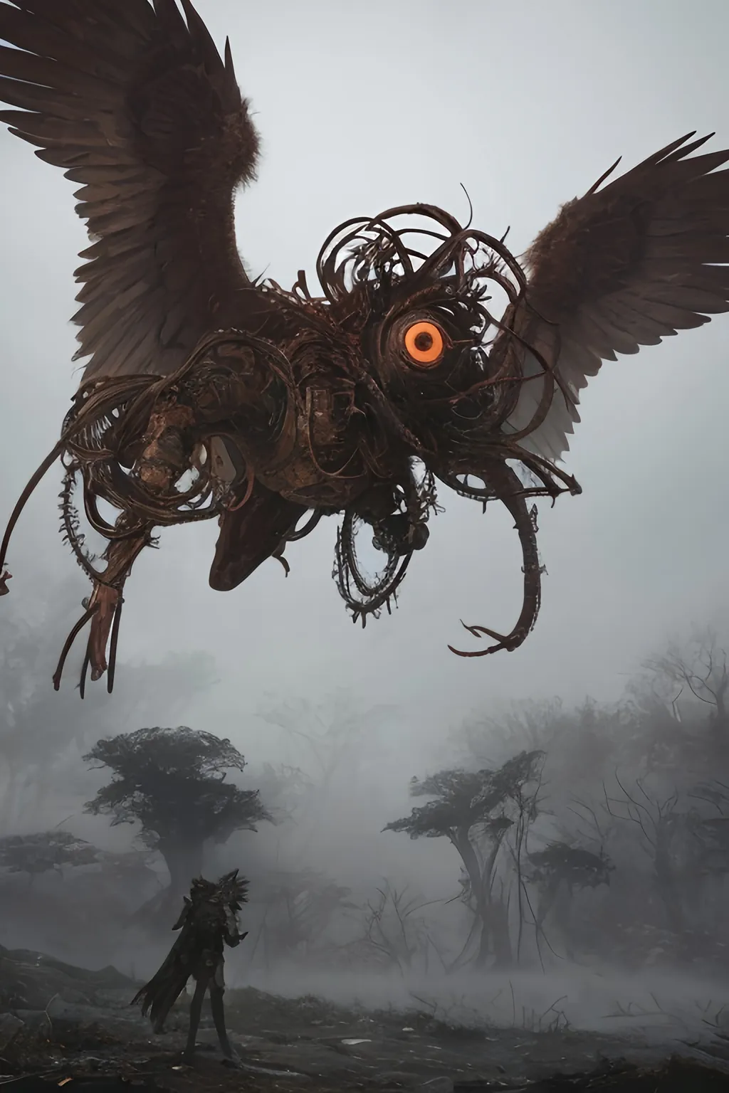 Prompt: floating eyeball with with multiple pairs of giant wings, mythical, beholder, intricate detail multilayered, swirling ribbons,    artstation, matte, sharp focus, illustration,  post apocalyptic forest wasteland, fog, dynamic posture,