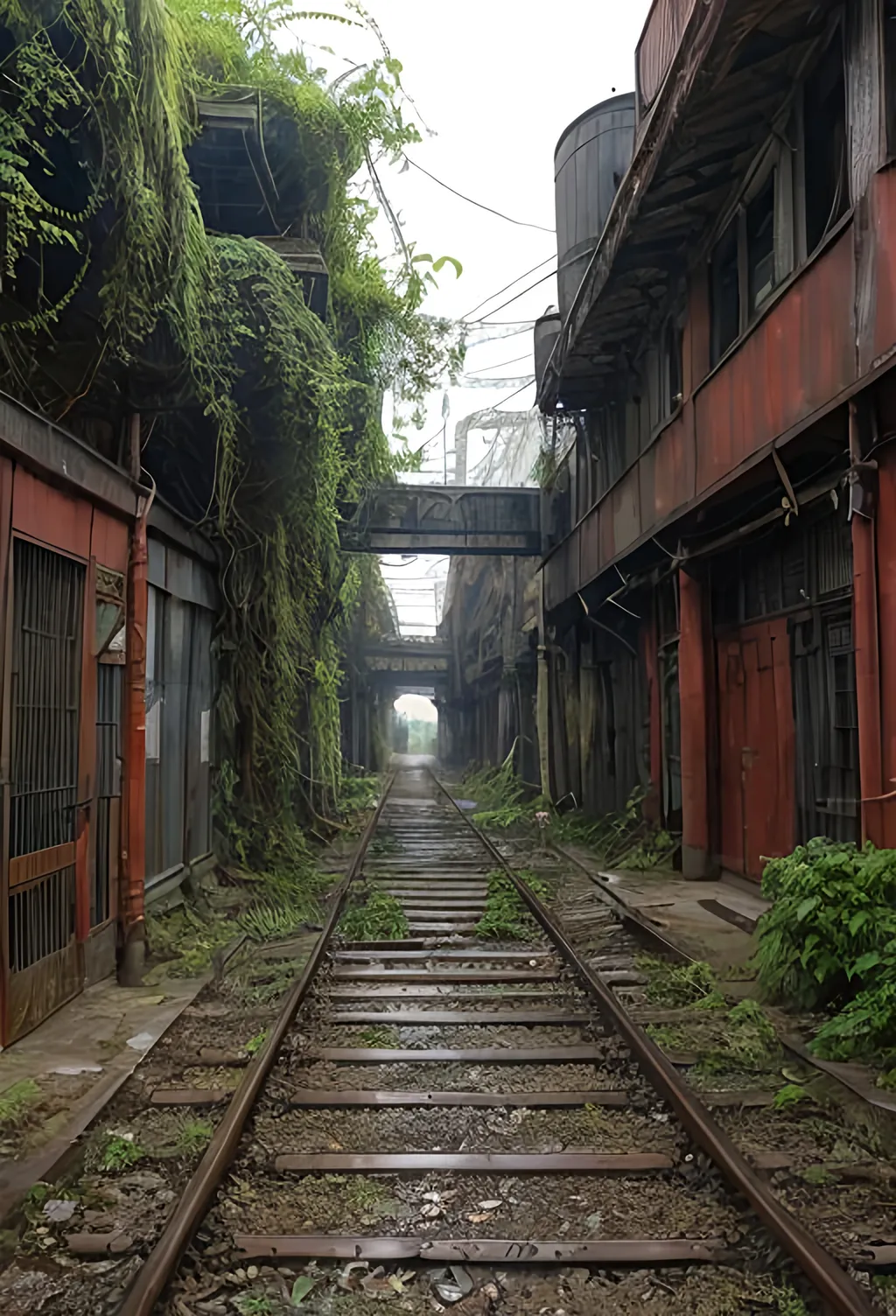 Prompt: rail yard, railway depot, place in dead end alleyway in a sci-fi town along a small trade route in overgrown urban wasteland, mossy, decaying, rusty and worn,  intricate detail,  ,  old apocalyptic city wasteland overgrown by oppressive huge forest, vines, plants and roots growing, cracking through walls,  high detail,  crowd, guards, trade, alleyway, star wars artstyle,  retro science-fiction, 