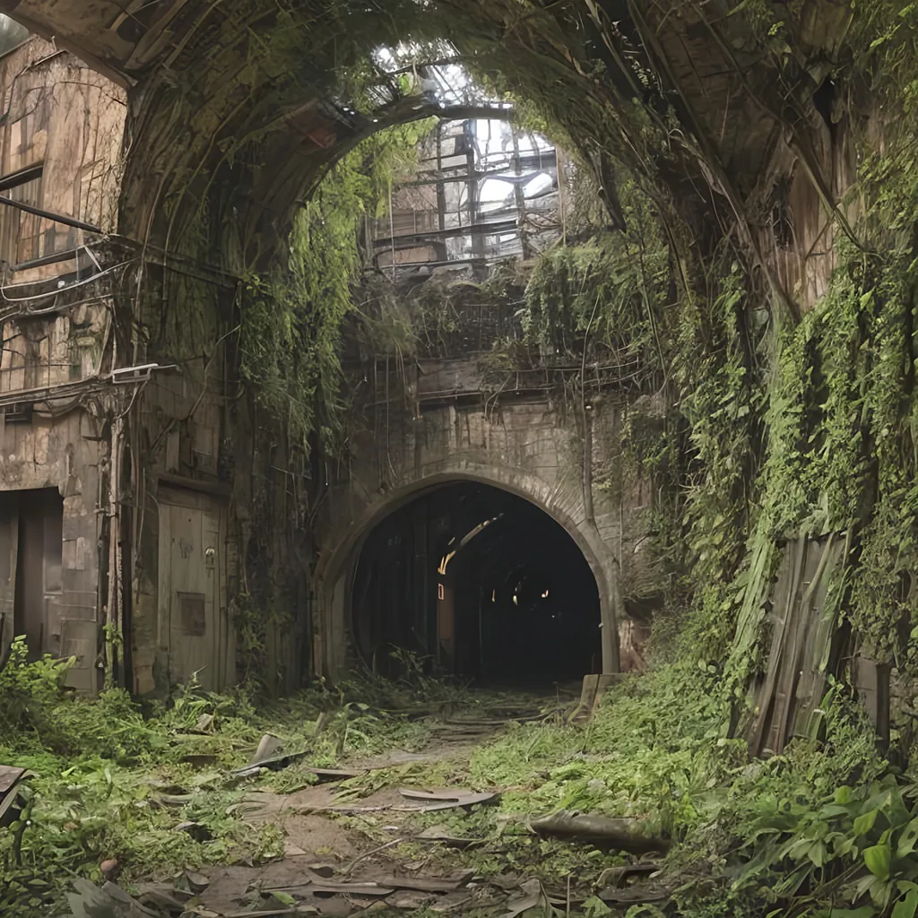 Prompt: dark tunnel entrance, old rail yard, railway depot, place in dead end alleyway in a sci-fi town along a small trade route in overgrown urban wasteland, mossy, decaying, rusty and worn,  intricate detail,  ,  old apocalyptic city wasteland overgrown by oppressive huge forest, vines, plants and roots growing, cracking through walls,  high detail,  crowd, guards, trade, alleyway, sci fantasyartstyle,  retro science-fiction, 