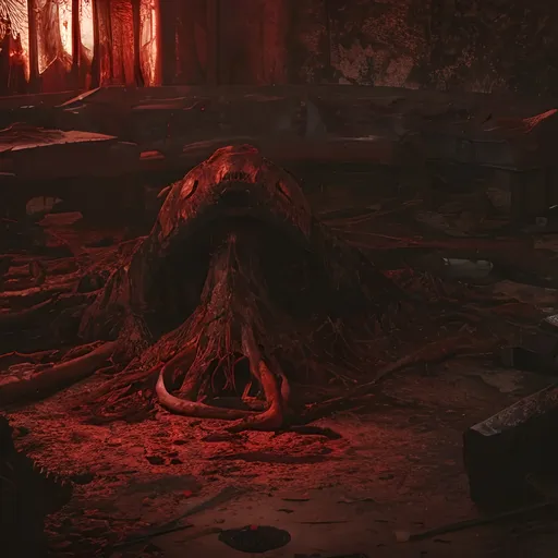 Prompt: ((masterpiece, best quality)),A detailed 8k photograph of a  DEAD CITY OF blood VEINS,ultra realistic, concept art,((highly detailed)),8k,bloody,disgusting,creepy,fleshy texture, gory, disgusting,dripping, has a face hidden in it, blood dripping, alien indoor empty dirty vomit dilapidated night dim lighting red dirty dry dark drain meat flesh nightmare empty blood blob overgrown post apocalyptic