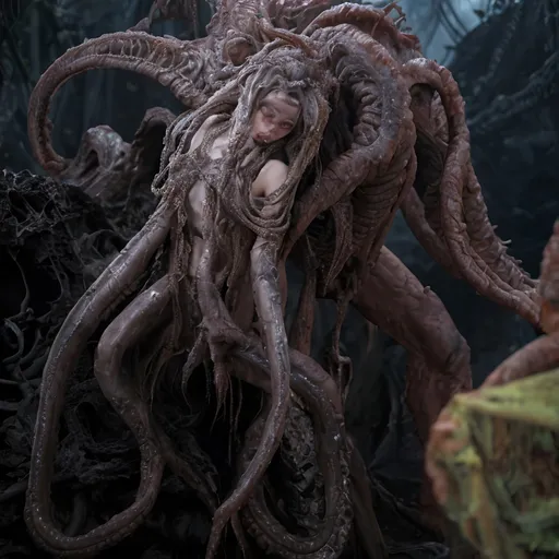 Prompt: fantasy, lovecraftian creature, horror, alien squid hybrid, dark eyes, polymorph, 4k, sharp focus, studio photo, intricate details, highly detailed, by clint langley,, overgrown post apocalyptic, 

