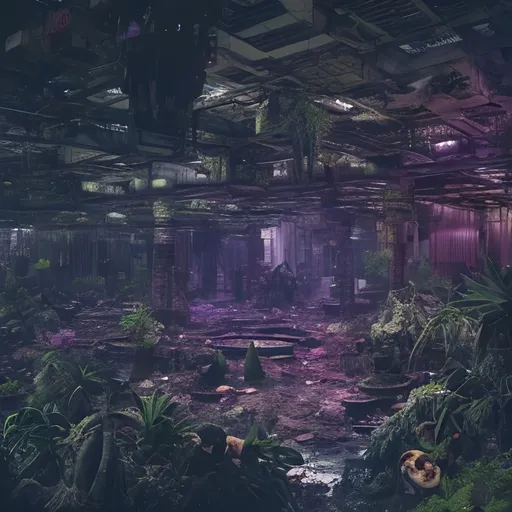 Prompt:  post apocalyptic abandoned large shopping mall, overgrown with black mushrooms,fungus and mold, a dim purple glow  from the spores of the fungus, radioactive glow, very detailed, cinematic, cinematic lighting, ultra detailed, exotic, vivid detail, beautiful soft lighting, life like,  studio lighting, fantasy, dark, morbide, overgrown, mossy, retro-futuristic, sci-fi,  underground city, industrial design, dirt, jungle, dirty, view from side,  density of details,  wide angle, sewers, night time, claire obscure, low light, shopping mall full black mold, black slime
