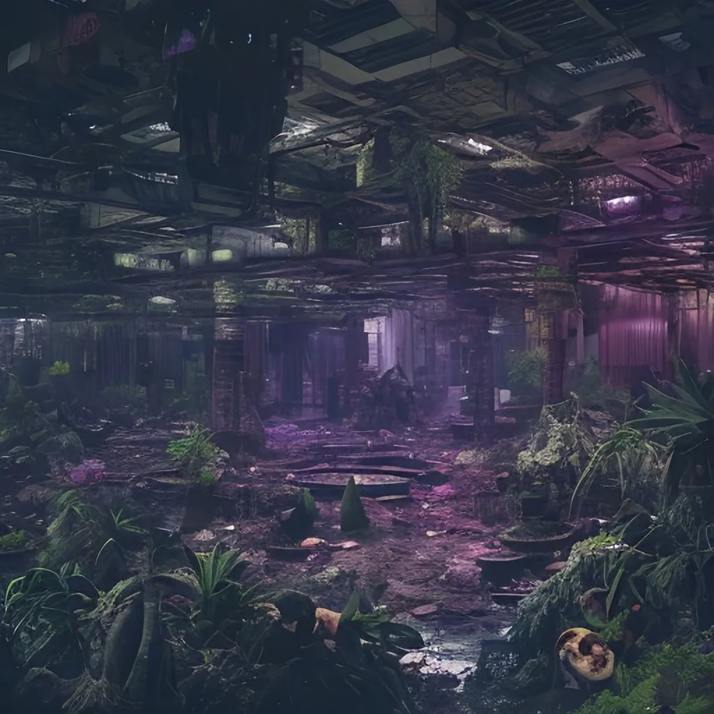 Prompt:  post apocalyptic abandoned large shopping mall, overgrown with black mushrooms,fungus and mold, a dim purple glow  from the spores of the fungus, radioactive glow, very detailed, cinematic, cinematic lighting, ultra detailed, exotic, vivid detail, beautiful soft lighting, life like,  studio lighting, fantasy, dark, morbide, overgrown, mossy, retro-futuristic, sci-fi,  underground city, industrial design, dirt, jungle, dirty, view from side,  density of details,  wide angle, sewers, night time, claire obscure, low light, shopping mall full black mold, black slime
