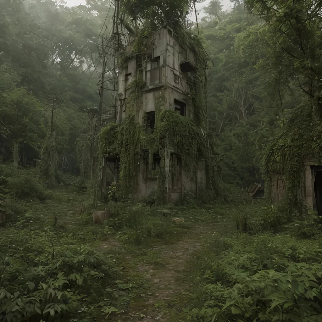 Prompt: shanty town along a small hike trail in overgrown urban wasteland, mossy, decaying, rusty and worn,  intricate detail,  show antennas and wires and circuits, old apocalyptic city wasteland overgrown by oppressive huge forest, vines, plants and roots growing, cracking through walls, 3d render,  high detail, marketplace, brewery, crowd, guards, tower