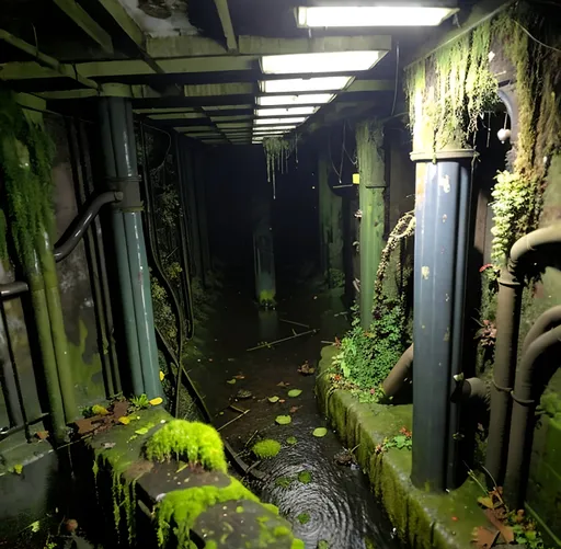 Prompt: dark sewers, dank, underground area, dark, mossy, wet, dripping, moldy, fungus, debris, trash, technical shaft, asymmetric composition, post apocalyptic, overgrown, claustrophobic, narrow spaces, haunted, dim ambient light, low light,diffuse lighting, photo realistic, 