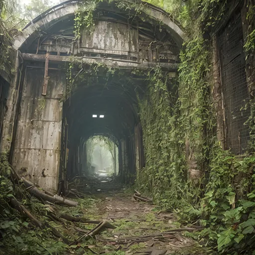 Prompt: dark tunnel entrance, old rail yard, railway depot, place in dead end alleyway in a sci-fi town along a small trade route in overgrown urban wasteland, mossy, decaying, rusty and worn,  intricate detail,  ,  old apocalyptic city wasteland overgrown by oppressive huge forest, vines, plants and roots growing, cracking through walls,  high detail,  crowd, guards, trade, alleyway, sci fantasyartstyle,  retro science-fiction, 
