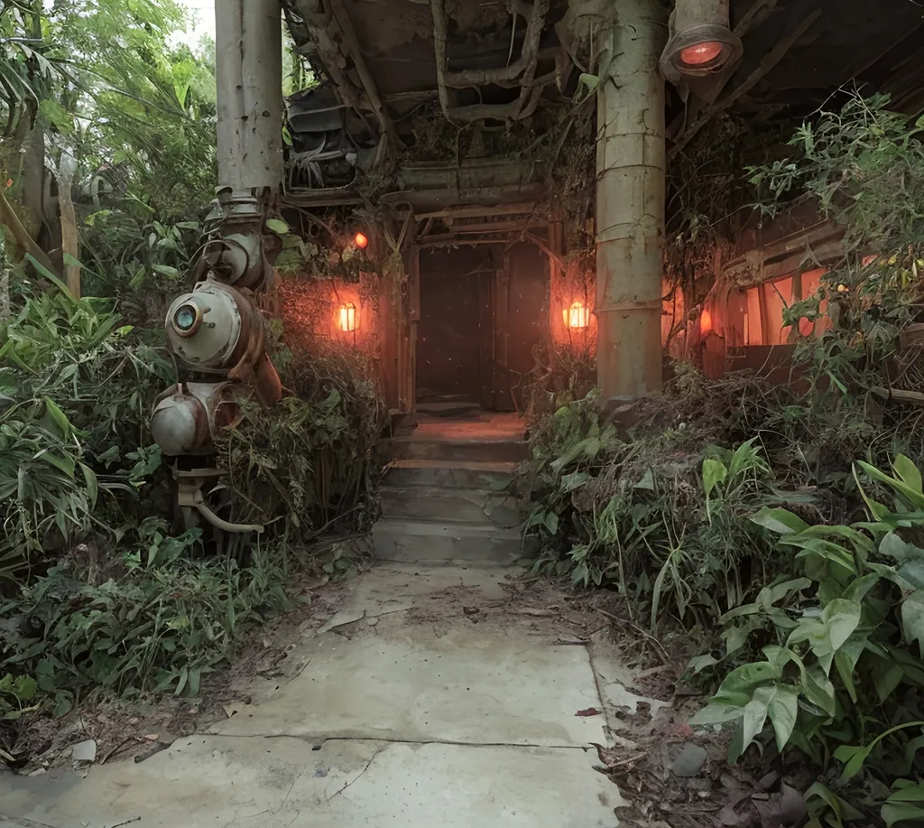 Prompt:  radioactive glow, red hue, very detailed, cinematic, cinematic lighting, ultra detailed, exotic, vivid detail, beautiful soft lighting, life like, photorealism, studio lighting, fantasy, dark, morbide, overgrown, mossy, retro-futuristic, post-apocalyptic, sci-fi, industrial design, shrine made at construction machine, dirt, jungle, dirty, view from side, photorealistic, high density of details, object rendering, retro-futuristic, post-apocalyptic, industrial design, dirt, dirty, view from side, photorealistic, high density of details, object rendering, realistic, award wining photogrpahy, wide angle, sewers,